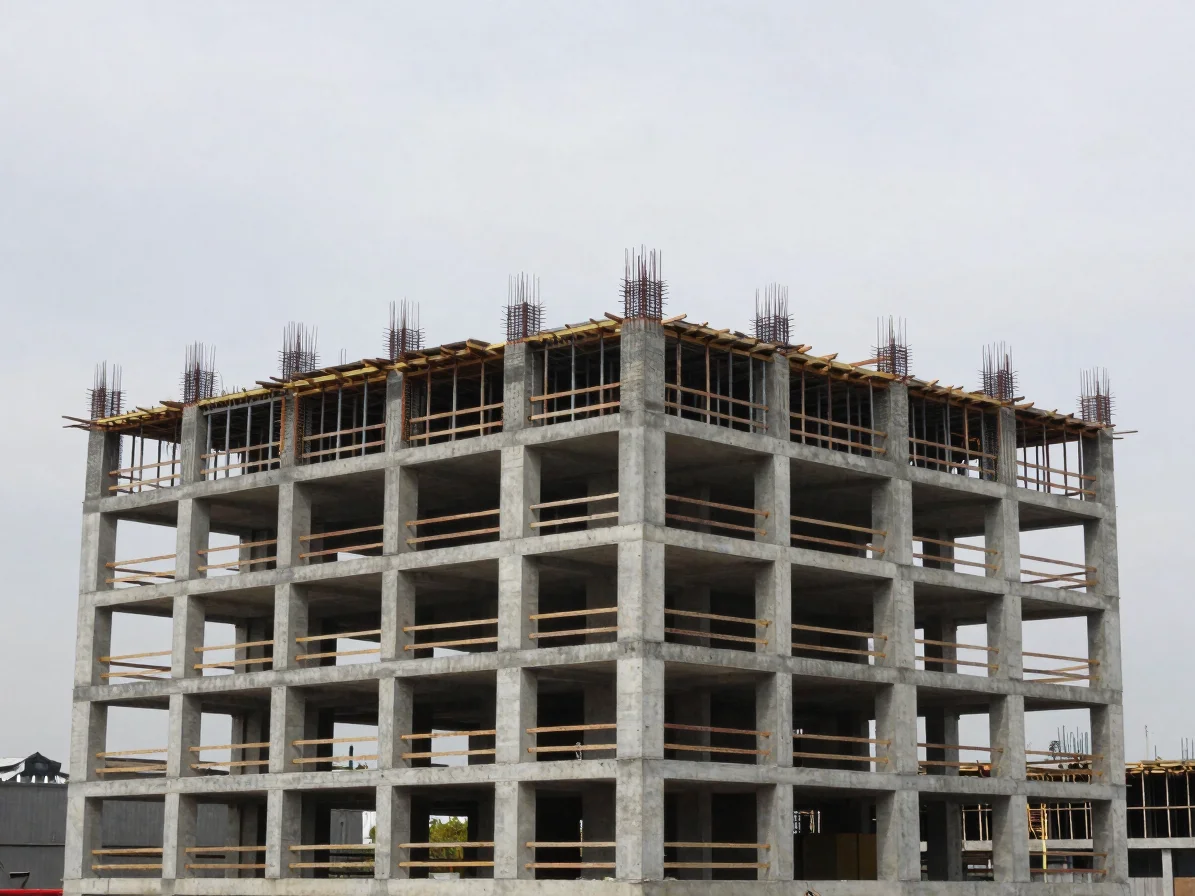 Architectural wide view of a concrete frame building under construction, overcast natural daylight, restrained concrete