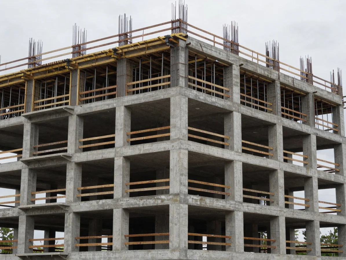 Close architectural study of exposed structural steel and cast concrete surfaces on a building in progress, soft overcas