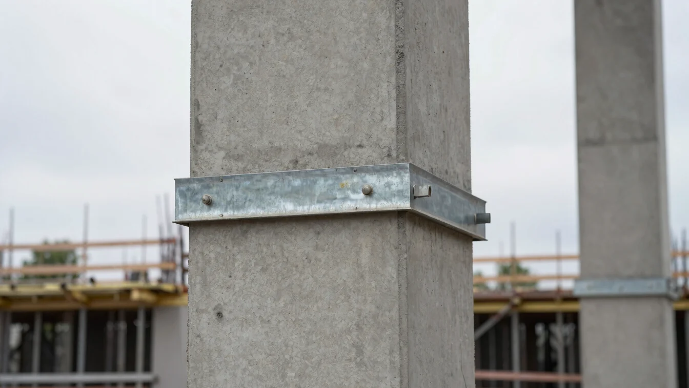 Close architectural detail of a concrete column and steel connection plate on a construction site, natural overcast dayl