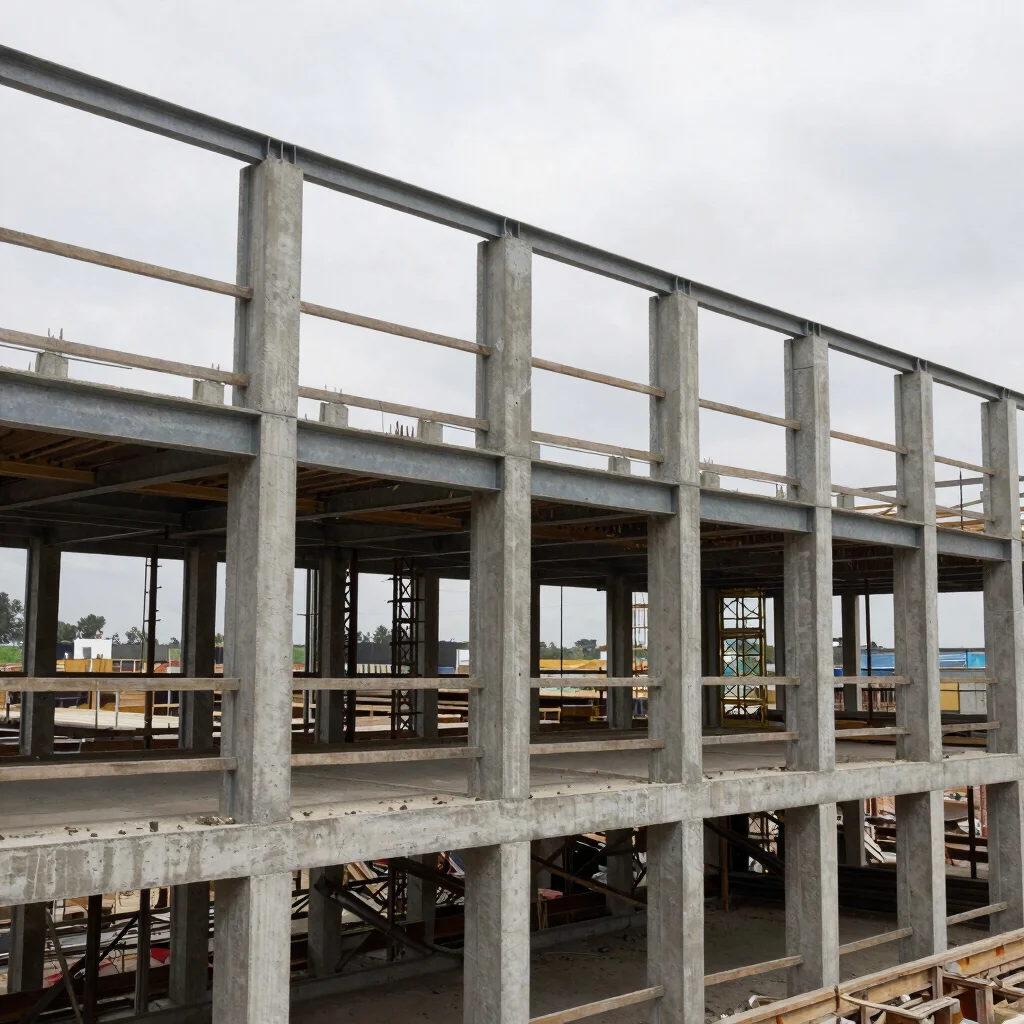 Close study of exposed steel structural framing on an active building site, natural overcast daylight, neutral material