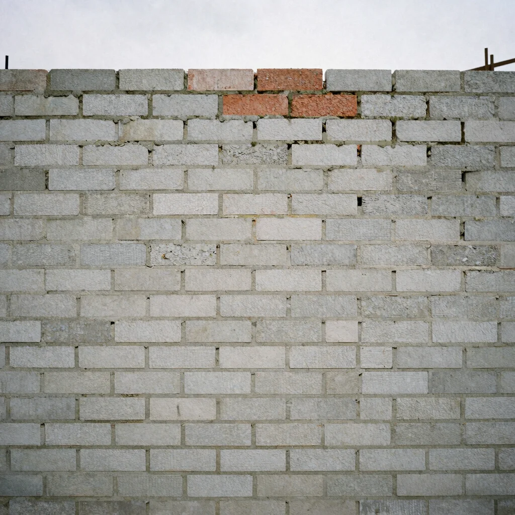 Masonry wall in progress showing brick courses and mortar joints, soft overcast light, close architectural detail