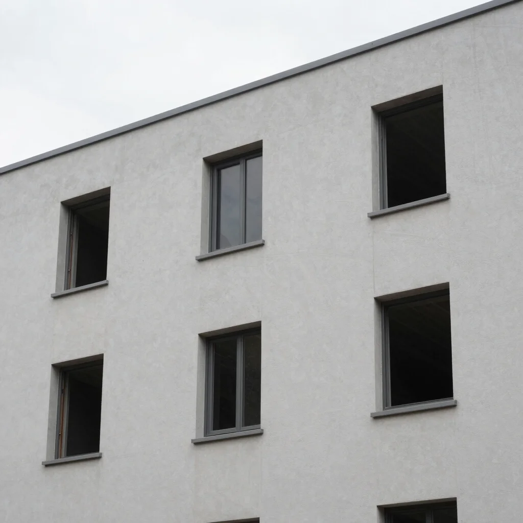 Finished building envelope with clean cladding and window lines, overcast daylight, architectural exterior, restrained p