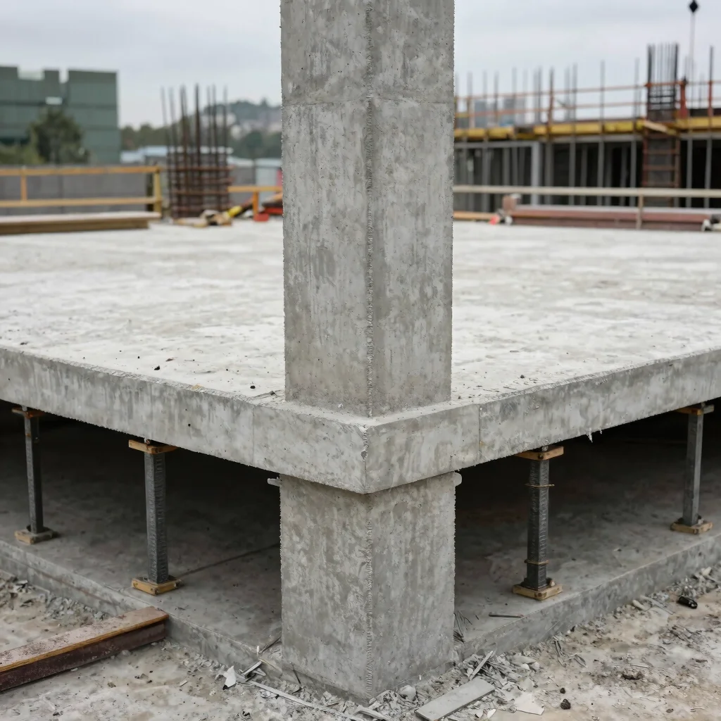 Concrete slab and column junction on a construction site, natural light, structural detail, documentary style