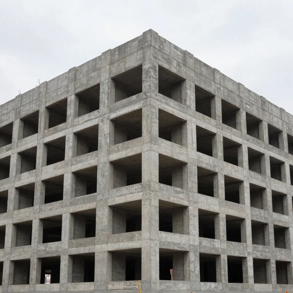 Completed building exterior with textured concrete surfaces, overcast daylight, architectural wide view