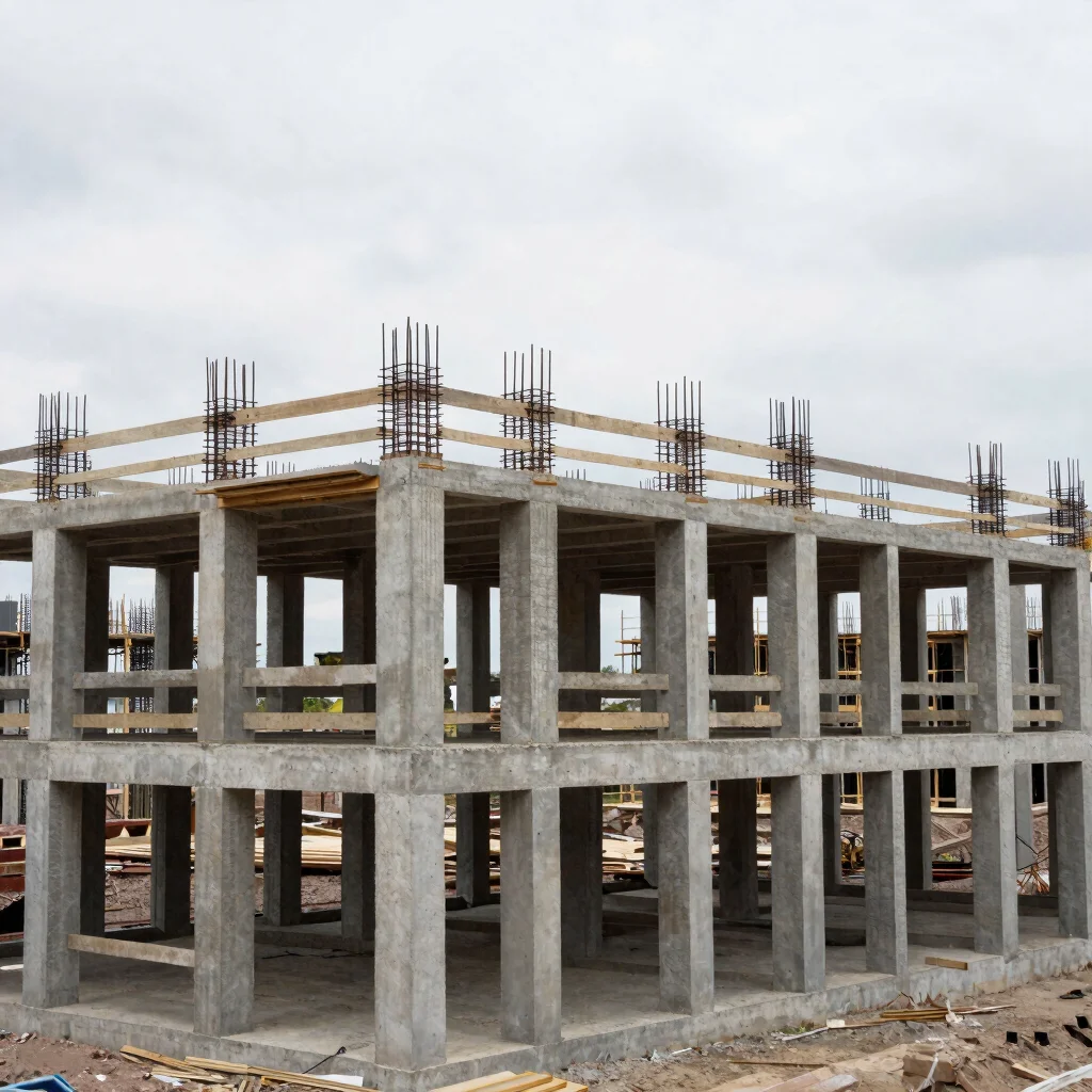 Architectural wide view of a reinforced concrete frame under construction, natural overcast daylight, restrained concret